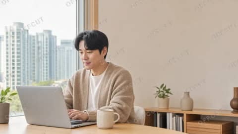 실사 · 창가 책상에서 재택근무