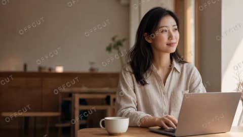 실사 · 카페에서 노트북 작업하는 여성