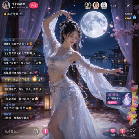 GPT 이미지 2 사례 #20 · 달빛 아래 여성 라이브 방송 장면