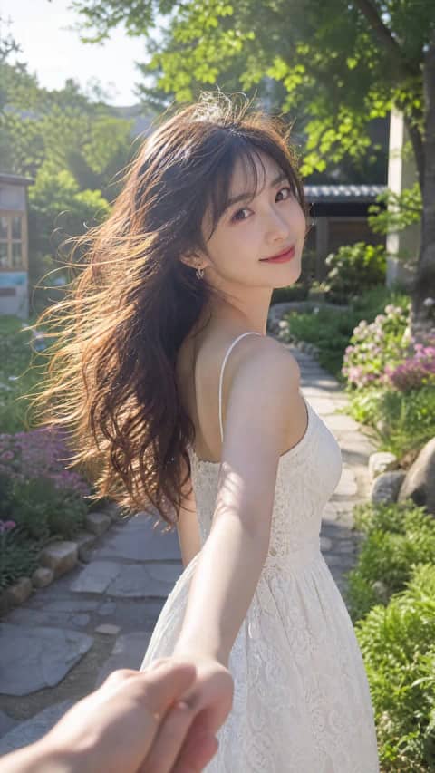 GPT 이미지 2 사례 #64 · 여름날 손잡고 뒤돌아보는 시네마틱 인물화