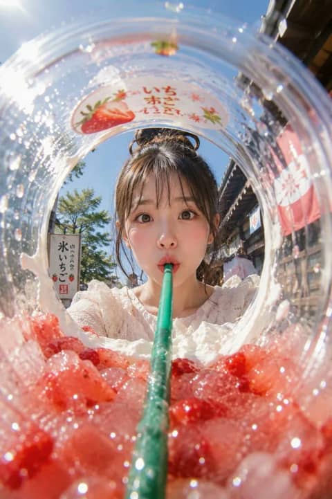 GPT 이미지 2 사례 #48 · 컵 안 피시아이 여름 아이스 음료 광고