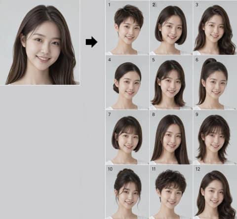 GPT 이미지 2 사례 #30 · 동일 인물 12가지 헤어스타일 룩북